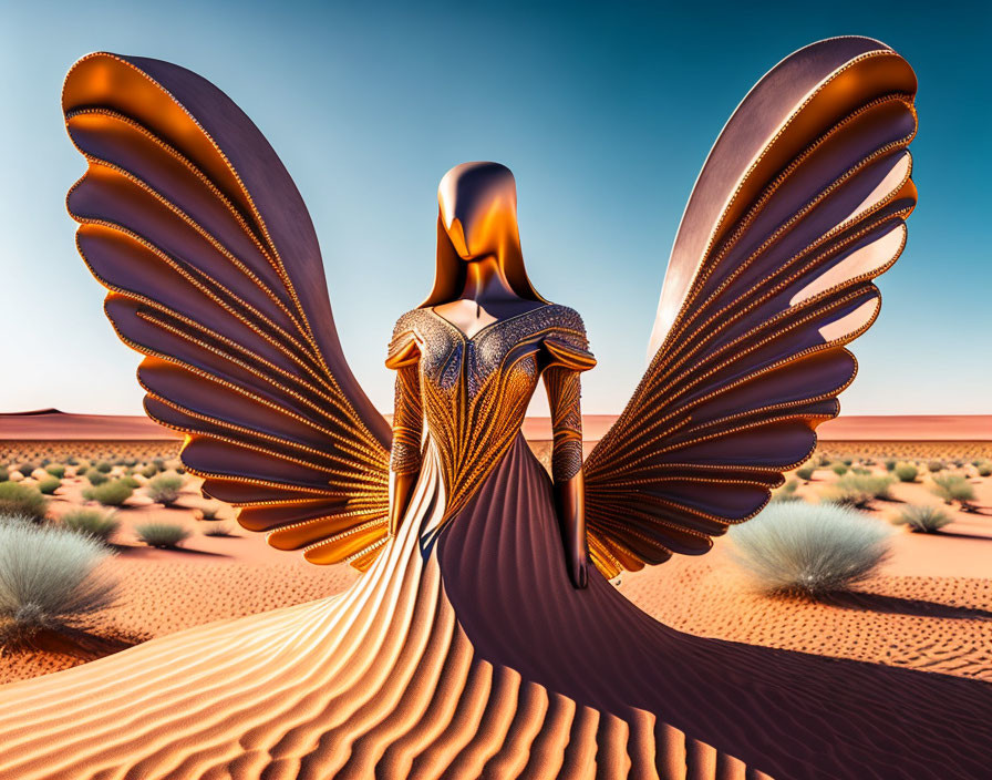 Surreal figure with metallic wings in desert landscape