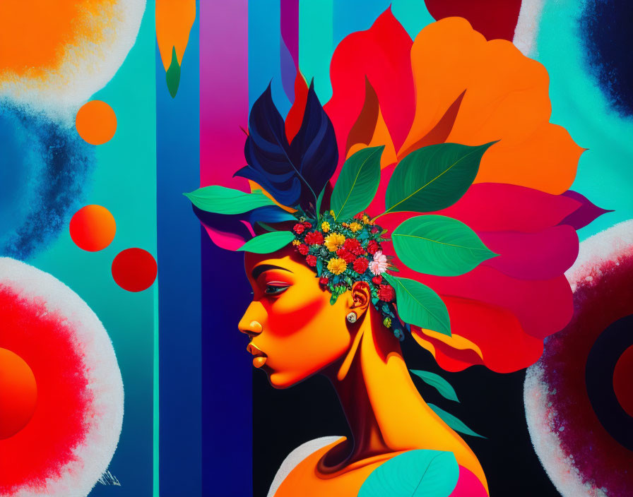 Colorful Portrait of Woman with Floral Headpiece and Abstract Background