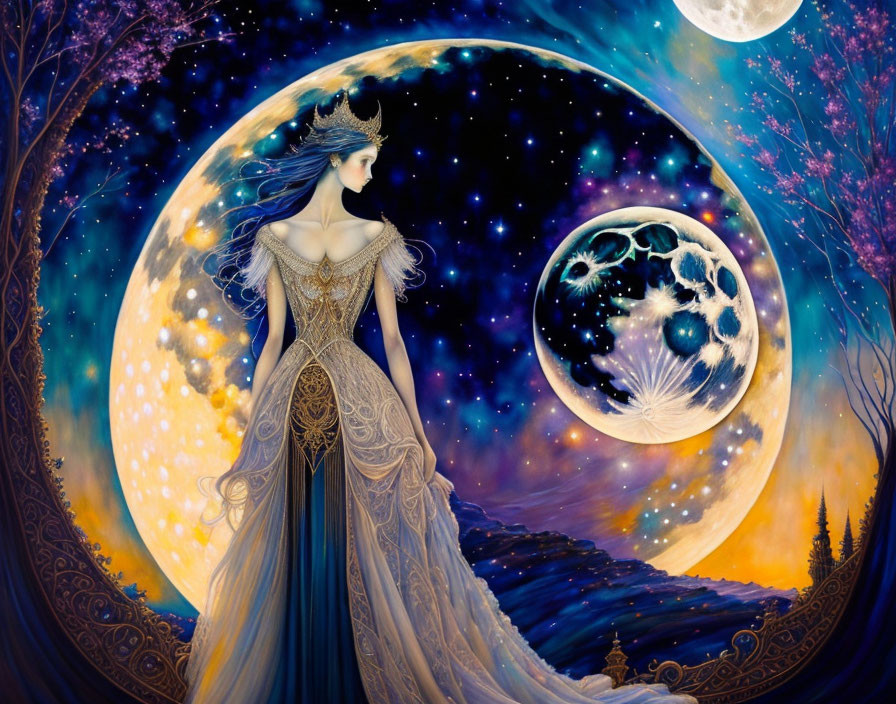 Ethereal queen in celestial gown with moon and stars