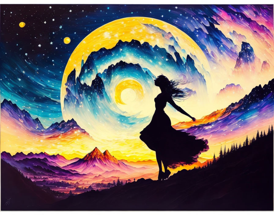 Surreal silhouetted figure under vibrant cosmic sky