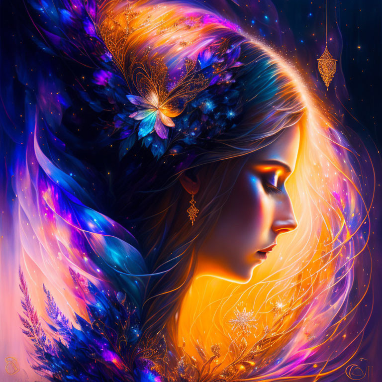 Colorful digital painting of a woman with feathered wings and ethereal hair.