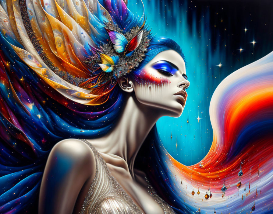 Vibrant digital artwork: Woman with blue skin, cosmic headwear, stars blending with colors