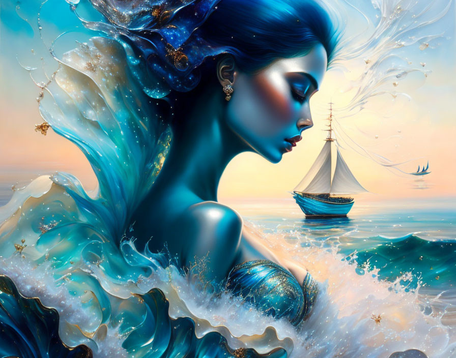 Mermaid with Blue Hair and Shimmering Tail in Vivid Seascape