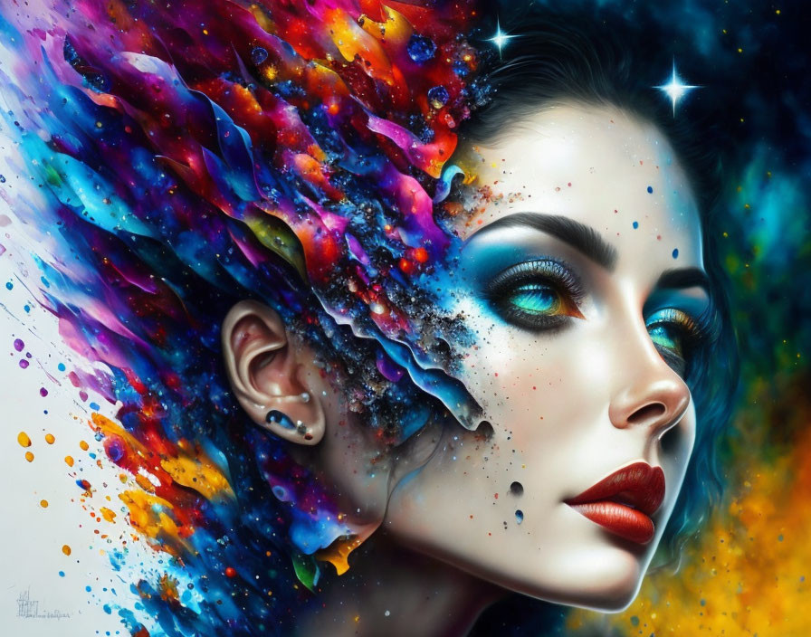 Cosmic-themed portrait featuring woman with vibrant paint flow.