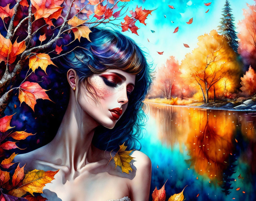 Colorful digital artwork of woman with multicolored hair by serene lake.