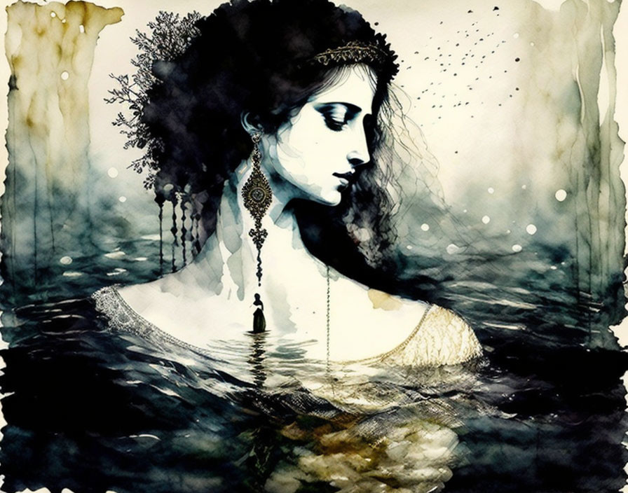 Woman with intricate jewelry in abstract watercolor background in dark and light blue.