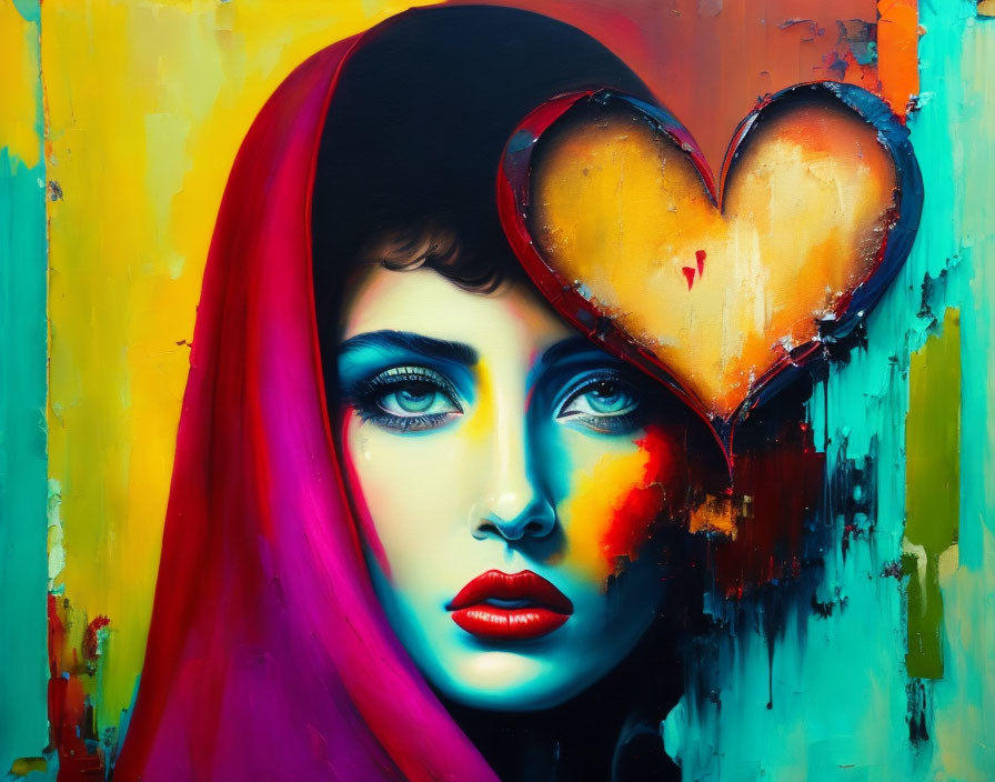 Vibrant woman portrait with red hood and glossy heart on colorful backdrop