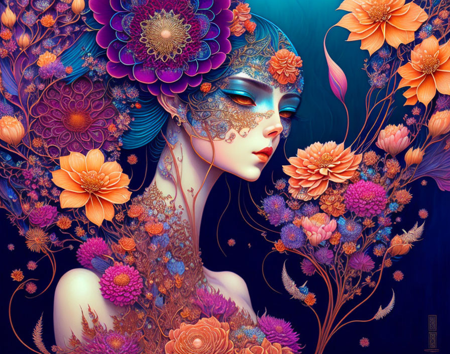 Vibrant illustration of a woman with floral mask and botanical patterns