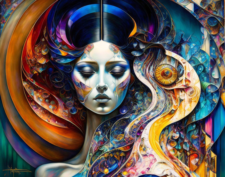 Vibrant surreal painting of woman with closed eyes and peacock feather motif