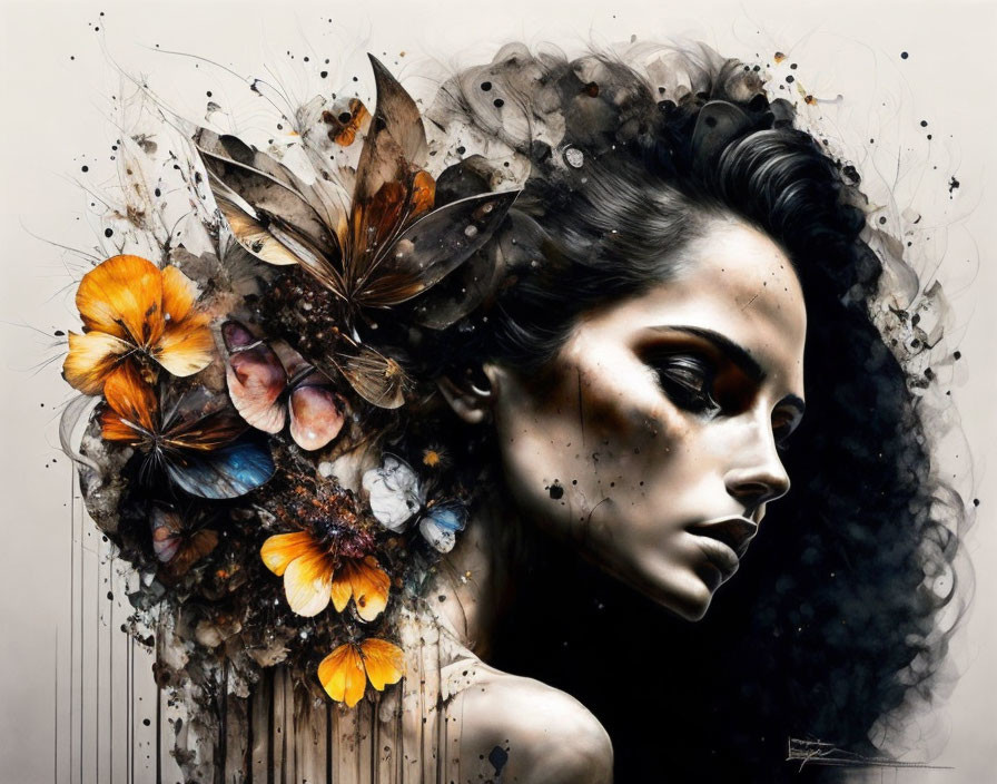 Colorful butterfly-themed portrait with abstract black and brown background