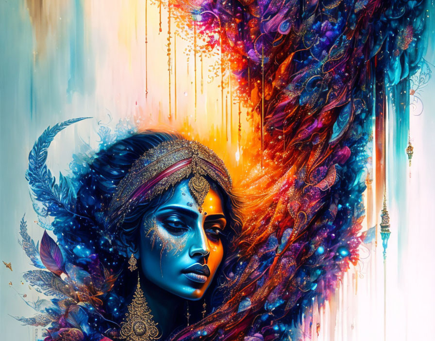 Vibrant Indian-themed artwork with blue-skinned woman and feather-like patterns