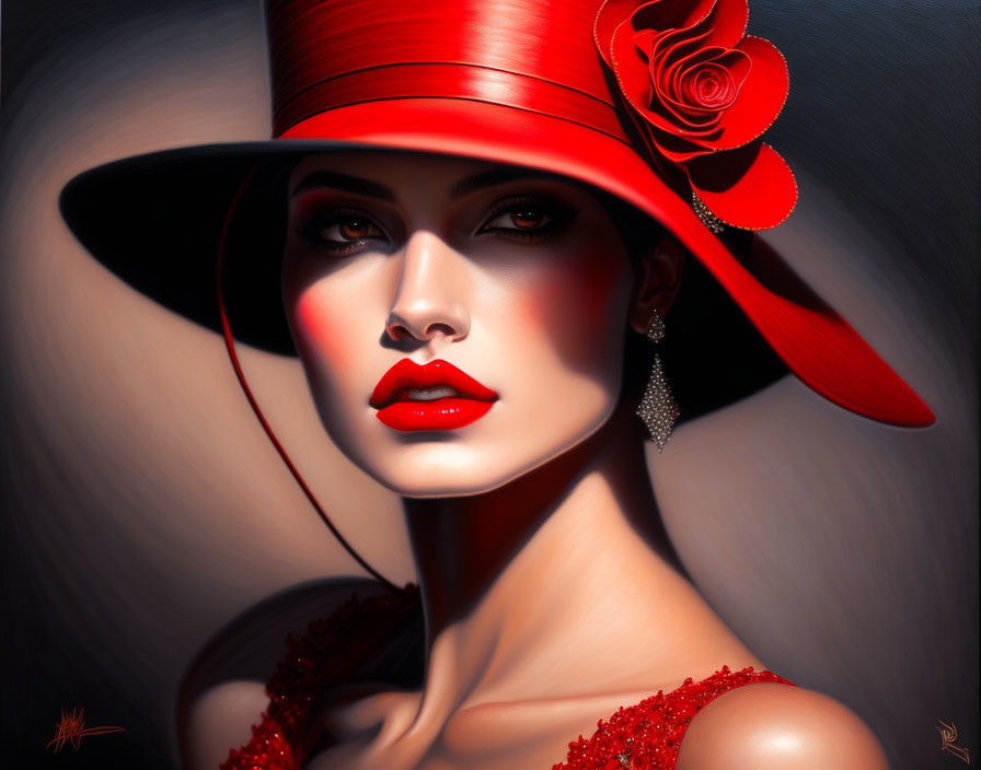 Portrait of a woman with red lipstick, hat, and rose, emanating elegance and mystery