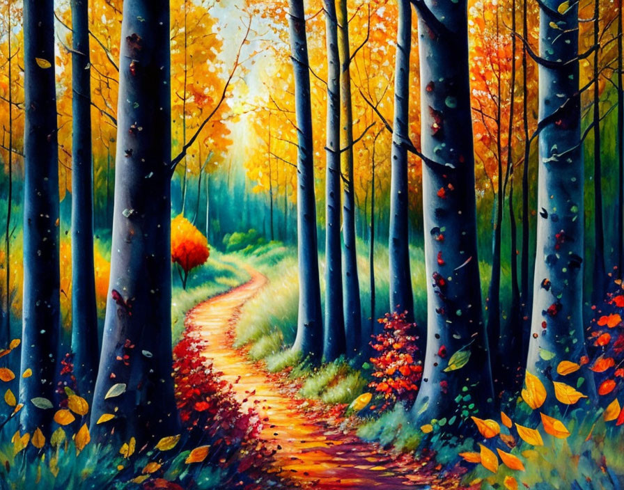 Colorful Autumn Forest Path Painting with Winding Trail