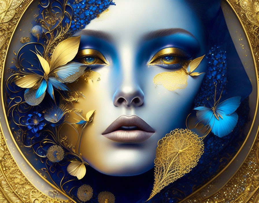 Woman's face in blue and gold tones with butterflies and ornate patterns