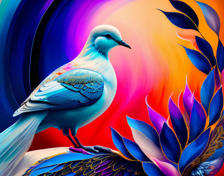 Colorful digital artwork: stylized blue bird on vibrant background