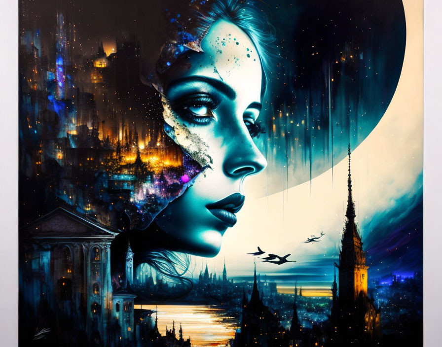 Surrealist portrait blending woman's face with cityscape in vibrant blues and yellows
