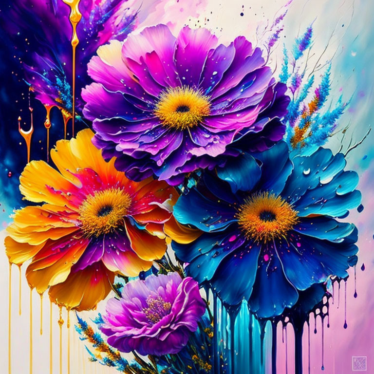 Colorful Flower Painting with Melting Effect on Canvas