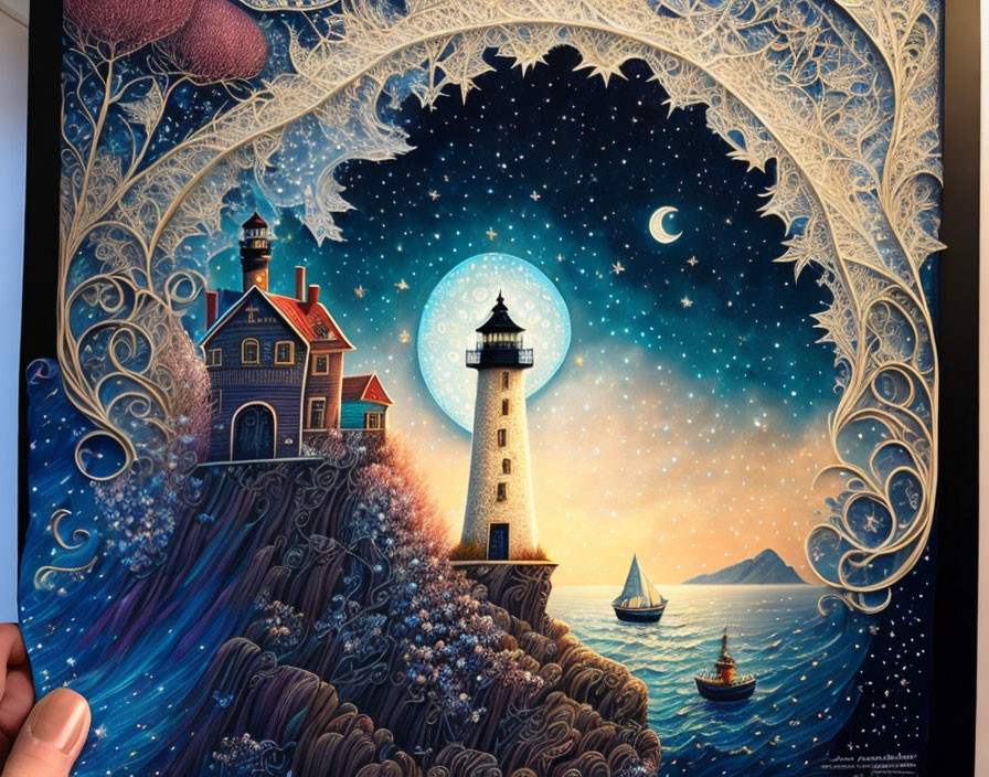 Colorful Lighthouse Illustration on Cliff with Ocean Waves and Stars in Circular Frame