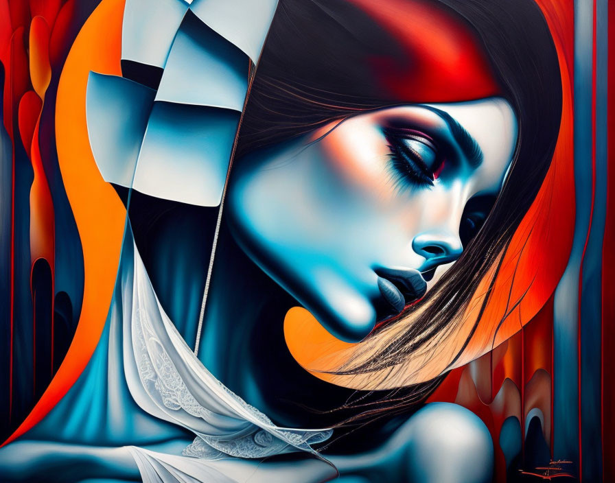 Abstract Geometric Woman's Face Art in Blue and Orange