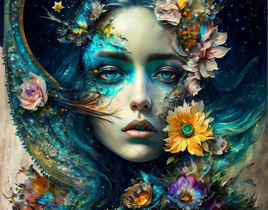 Vibrant abstract art: woman's face with cosmic and floral elements