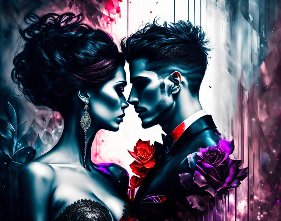 Vivid Romantic Couple Artwork with Roses and Abstract Background