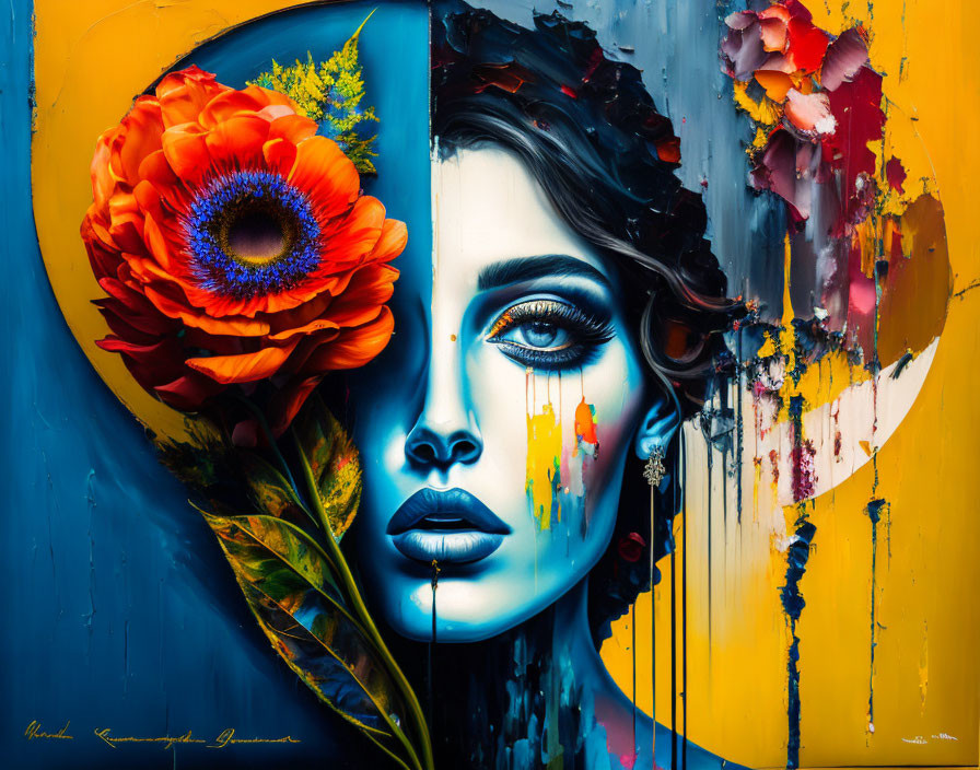 Colorful street art: woman's face with blue eyes, flowers, and paint drips on yellow