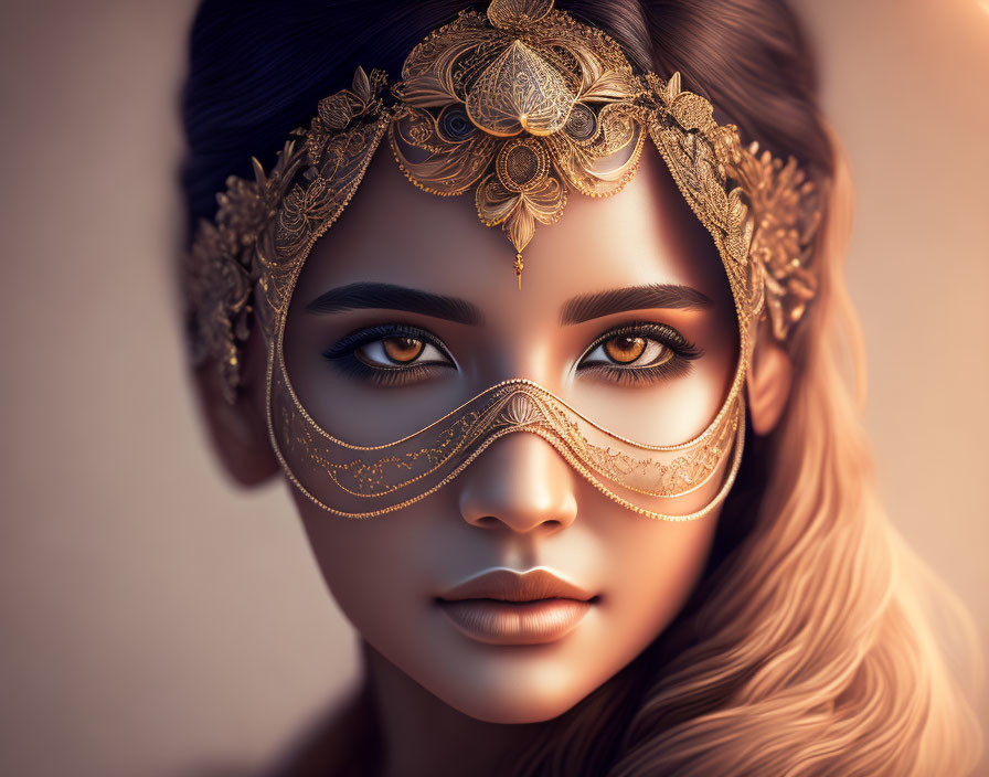 Woman with golden headpiece and ornate mask in digital art