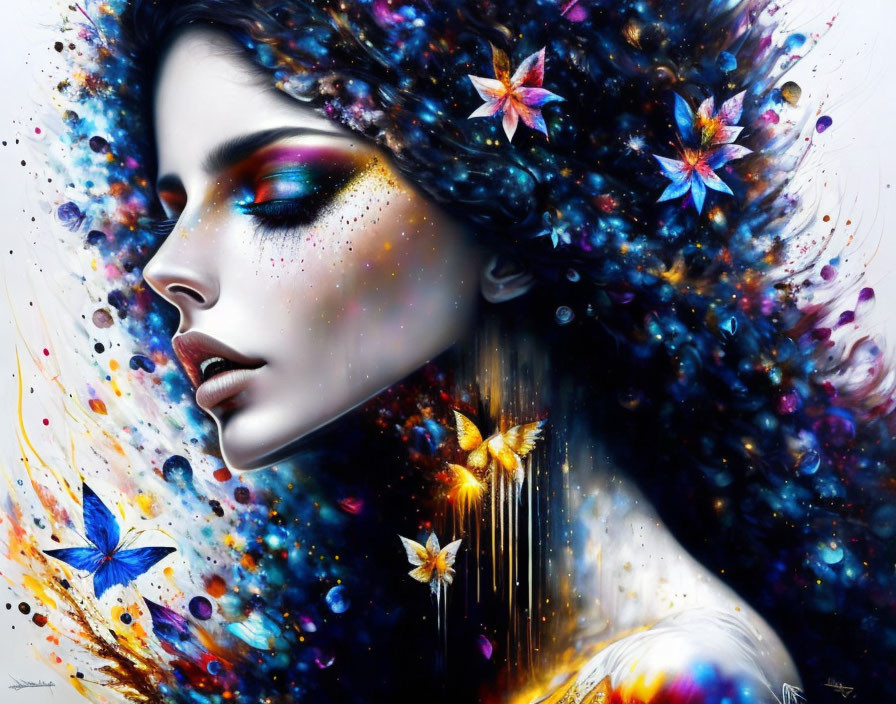 Colorful cosmic-themed woman with flowers and butterflies in vibrant artwork