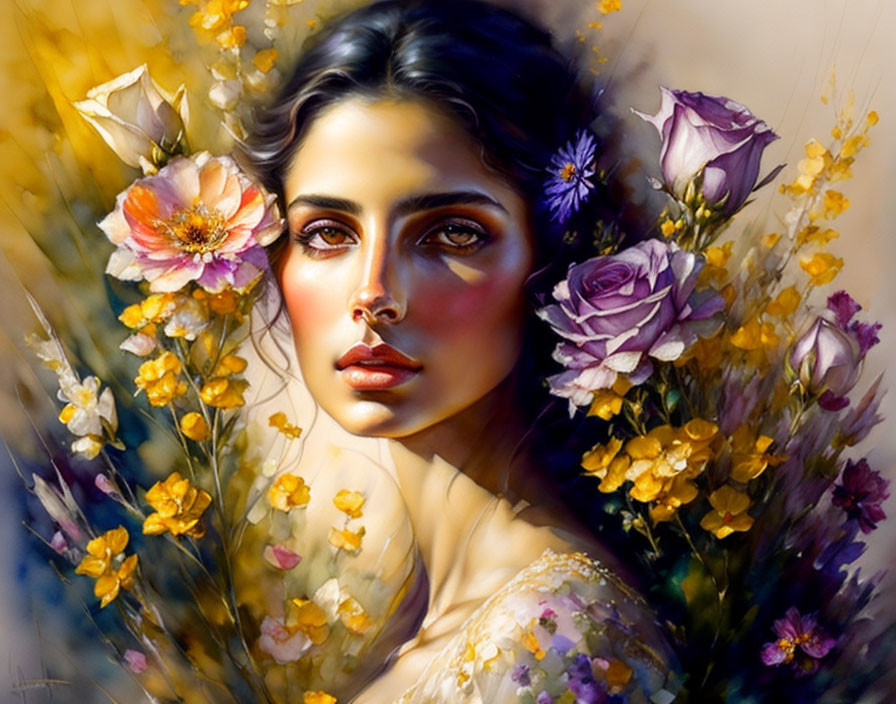 Portrait of a Woman with Striking Green Eyes and Vibrant Flower Surroundings