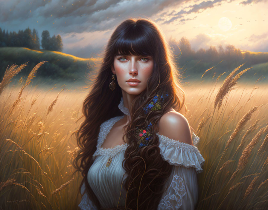 Woman in Wheat Field: Digital Painting of Dark-Haired Woman with Blue Eyes and Butterfly at Sunrise/S