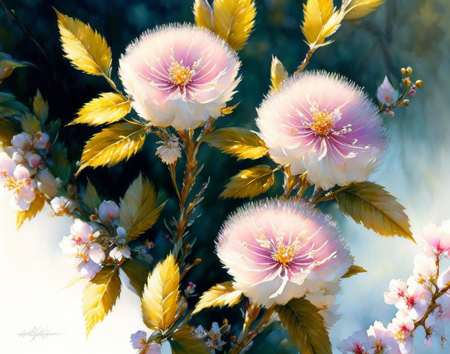 Delicate Pale Pink Flowers with Yellow Stamens on Green Leaves