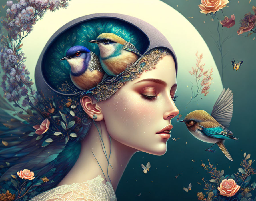 Surreal portrait of woman with headdress, birds, butterflies, and flowers