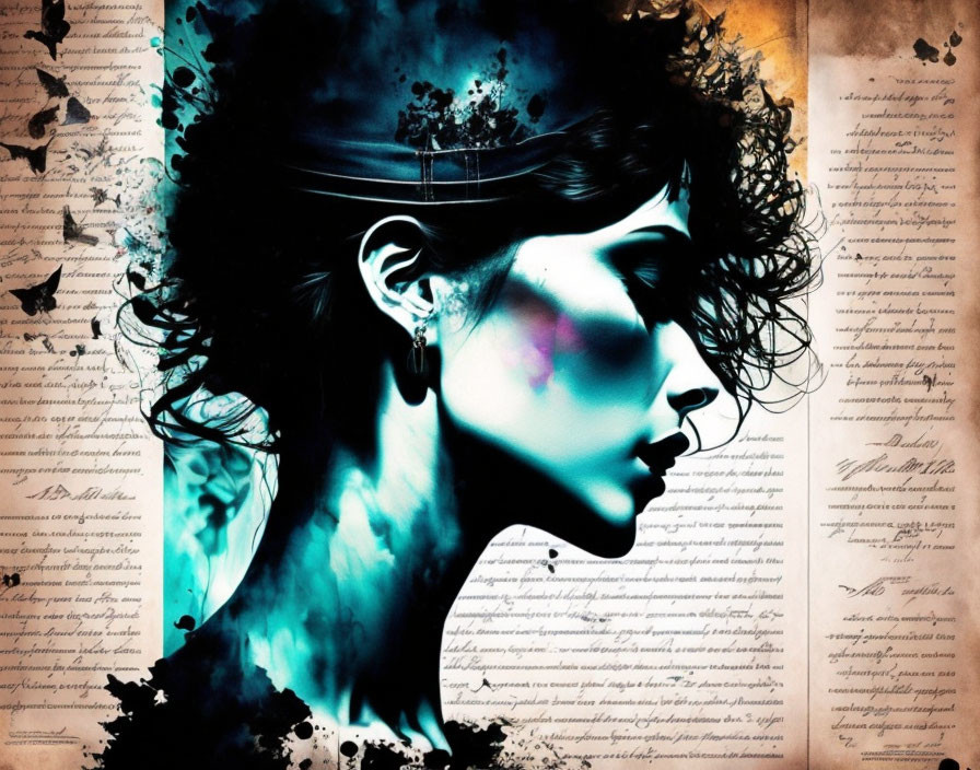 Abstract blue ink splashes on a background of handwritten text and musical notes featuring a woman's side profile