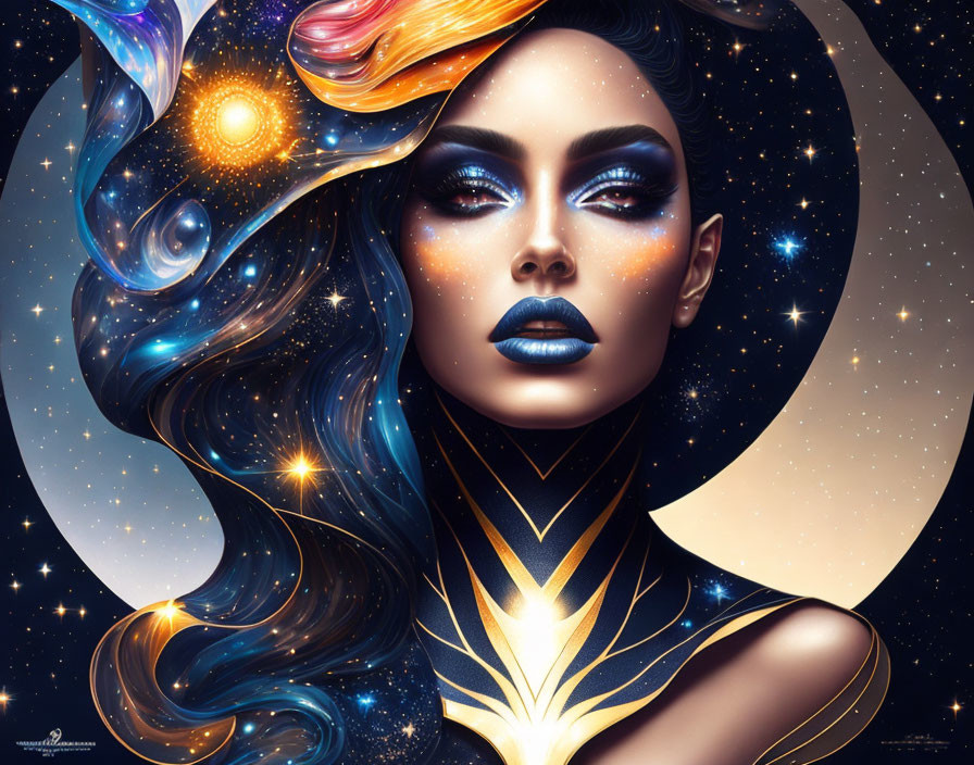 Portrait of woman with cosmic-themed makeup and hair against starry night sky background