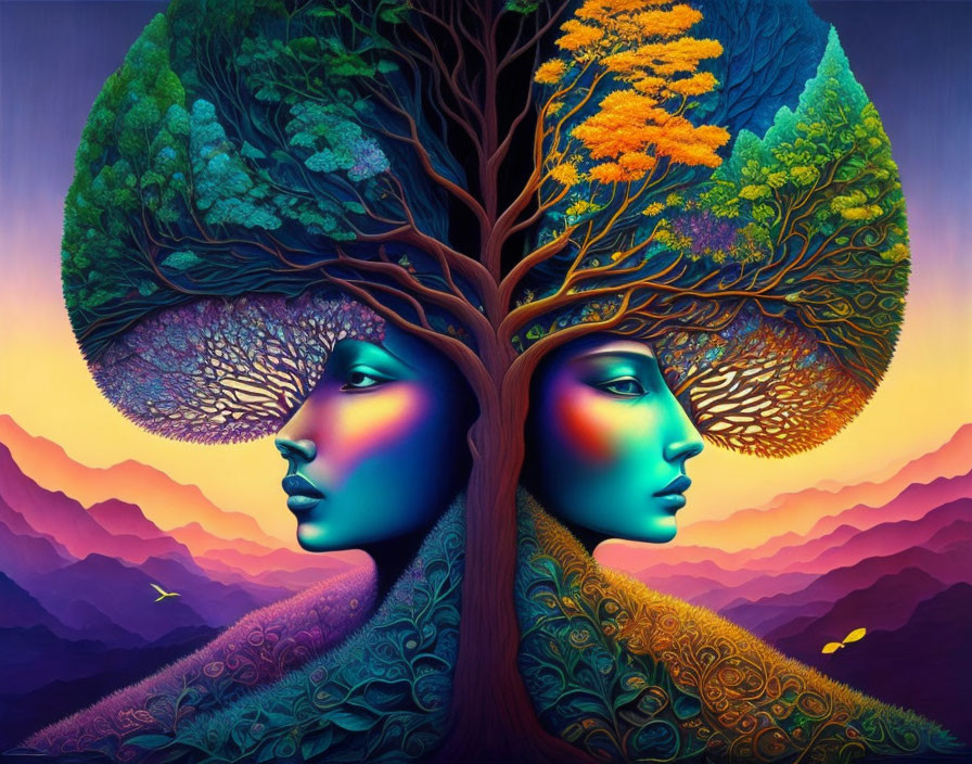 Stylized faces merge with vibrant tree canopy in mountain landscape