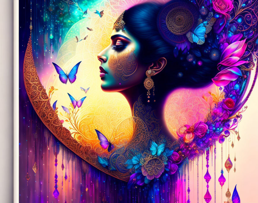 Colorful Woman's Profile with Floral Elements & Moon