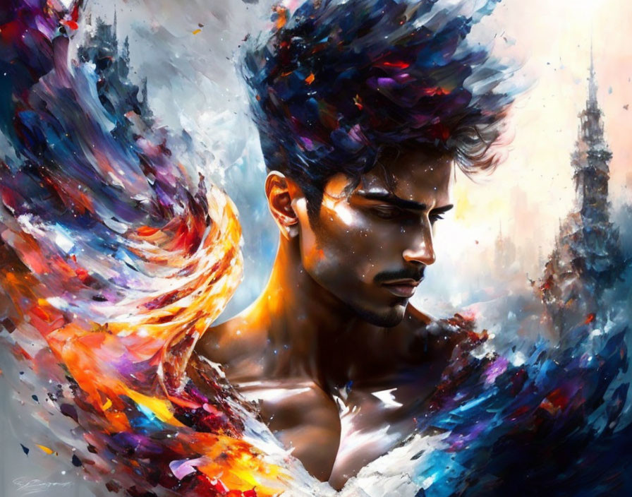 Vivid painting of a man with fiery swirling colors.