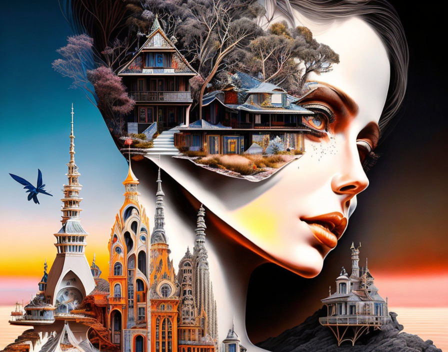 Woman's profile merged with surreal architecture and nature elements