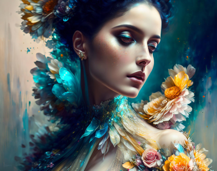 Colorful digital portrait of a woman with floral and feather elements