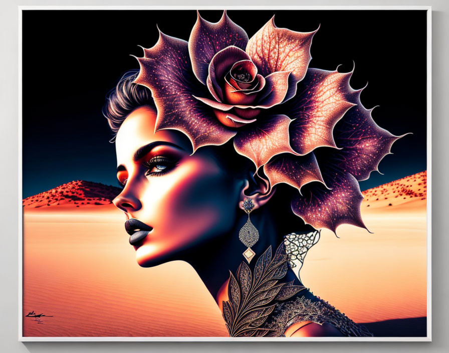 Illustrated woman with floral elements in colorful surreal art.