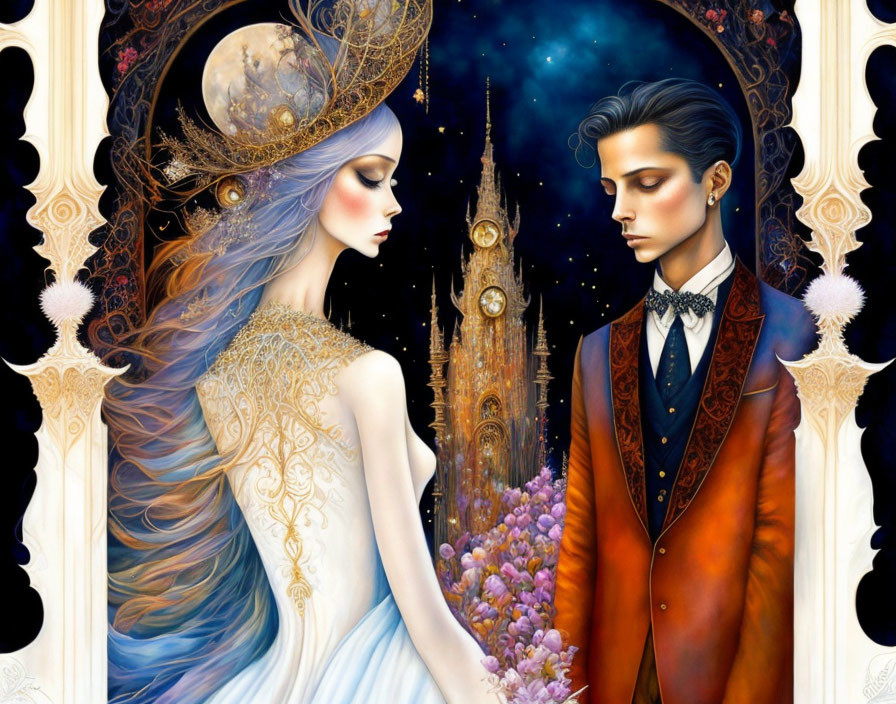 Fantastical portrait of woman and man in celestial attire against gothic clock tower