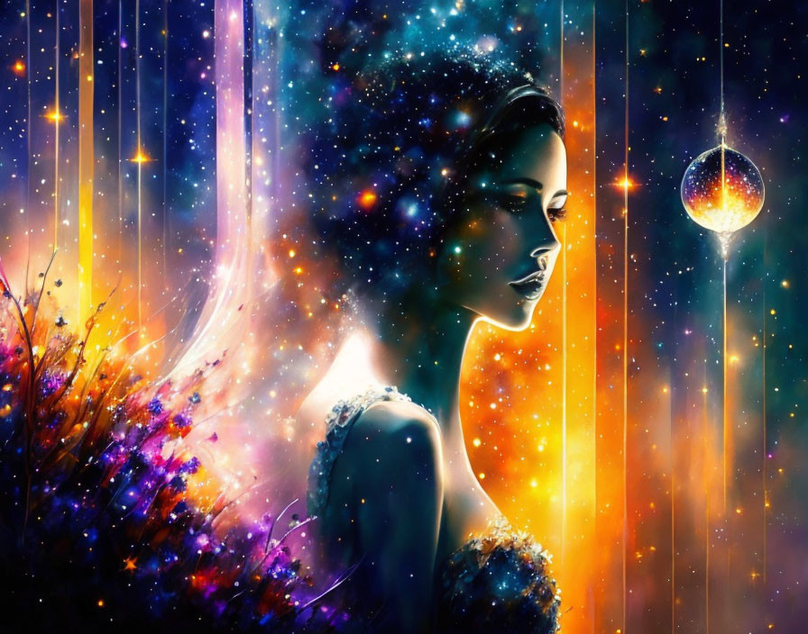 Colorful profile portrait of a woman in cosmic theme with floral and starry elements