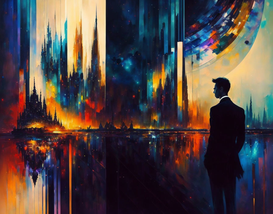 Person standing before vibrant cosmic cityscape with towering spires reflected on smooth surface under swirling starry sky