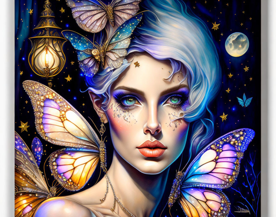 Fantastical digital illustration of woman with blue hair and butterfly wings