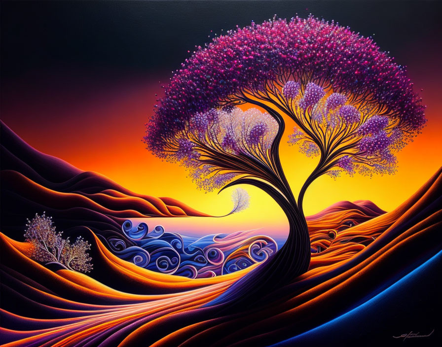 Colorful painting: Twisted tree with purple foliage in surreal landscape.