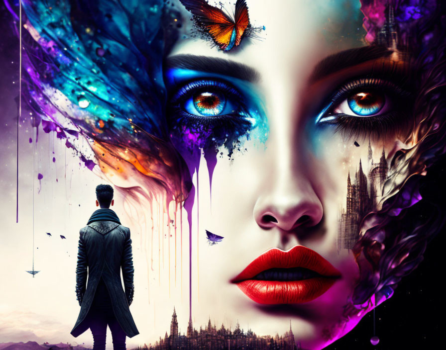 Colorful digital artwork: man facing giant woman's face, butterfly, vivid drips