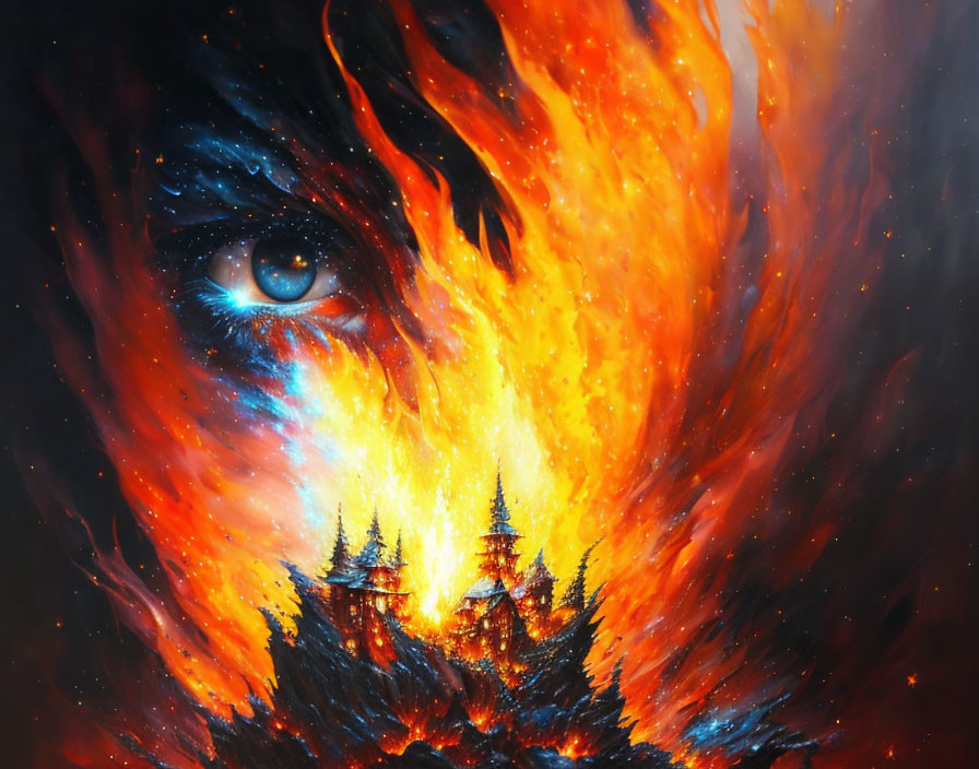 Colorful painting: Human eye merges with swirling colors, pine trees, and fiery flames.