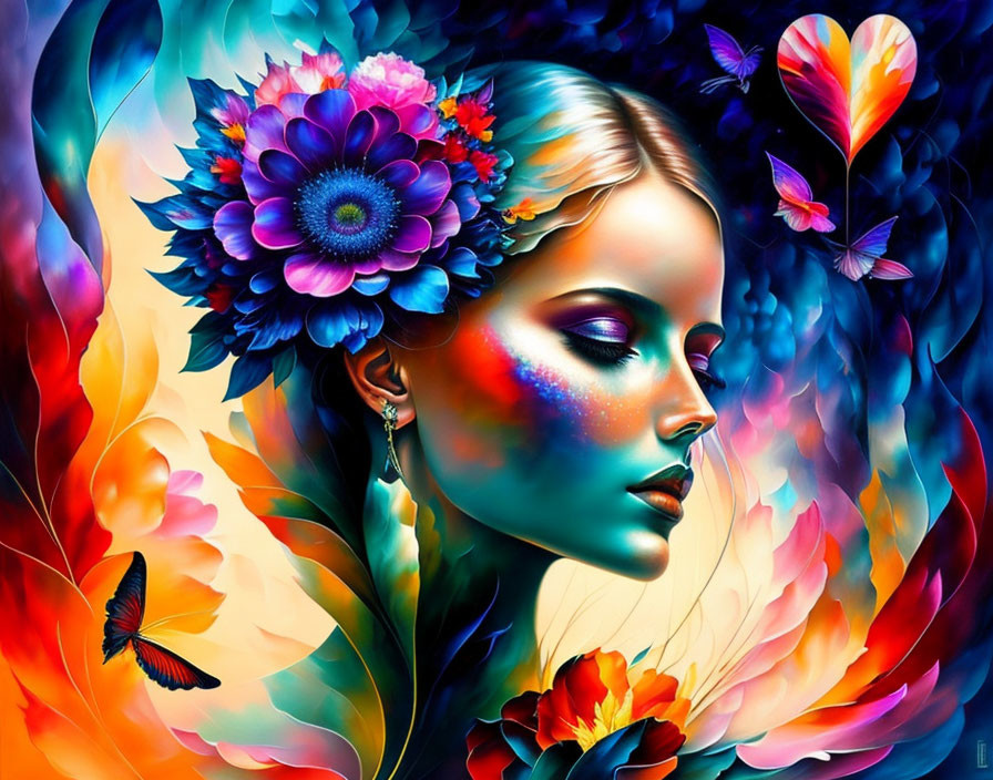 Colorful woman's profile with flowers and butterflies in surreal art.