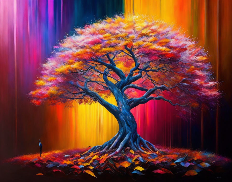 Colorful Twisted Tree Painting with Small Figure in Bright Background