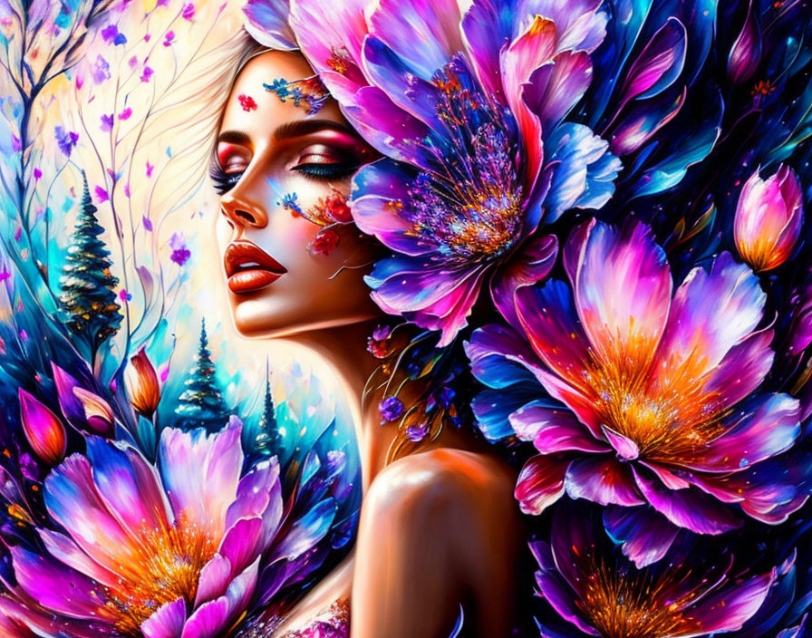 Colorful floral fantasy illustration of a woman with closed eyes